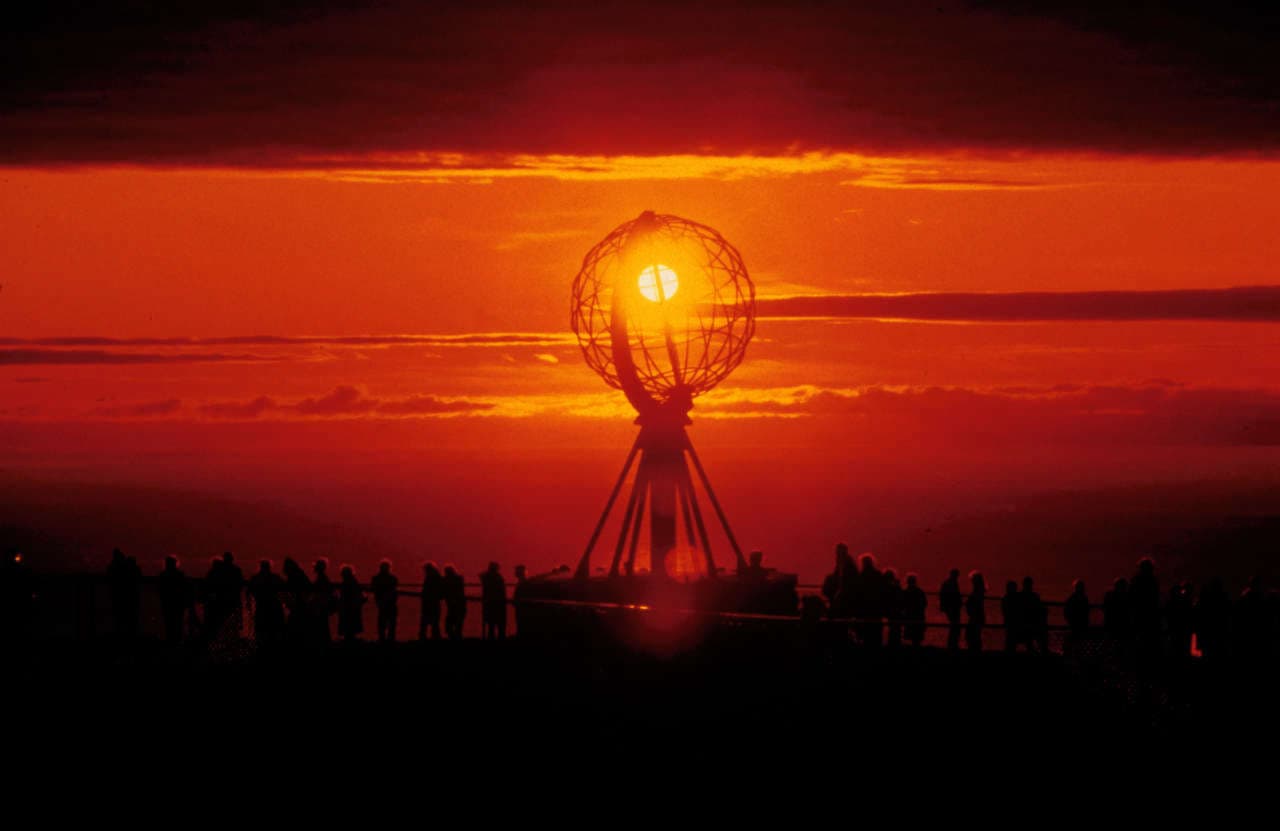 The iron Globe monument at the Nordkapp plateau above the Barents Sea