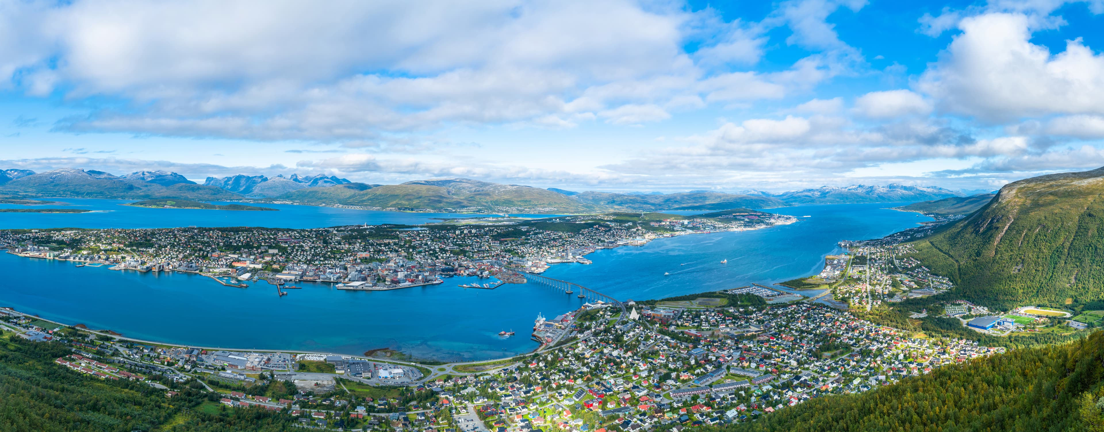Tromsø city and harbour with Arctic Cathedral, Northern Norway