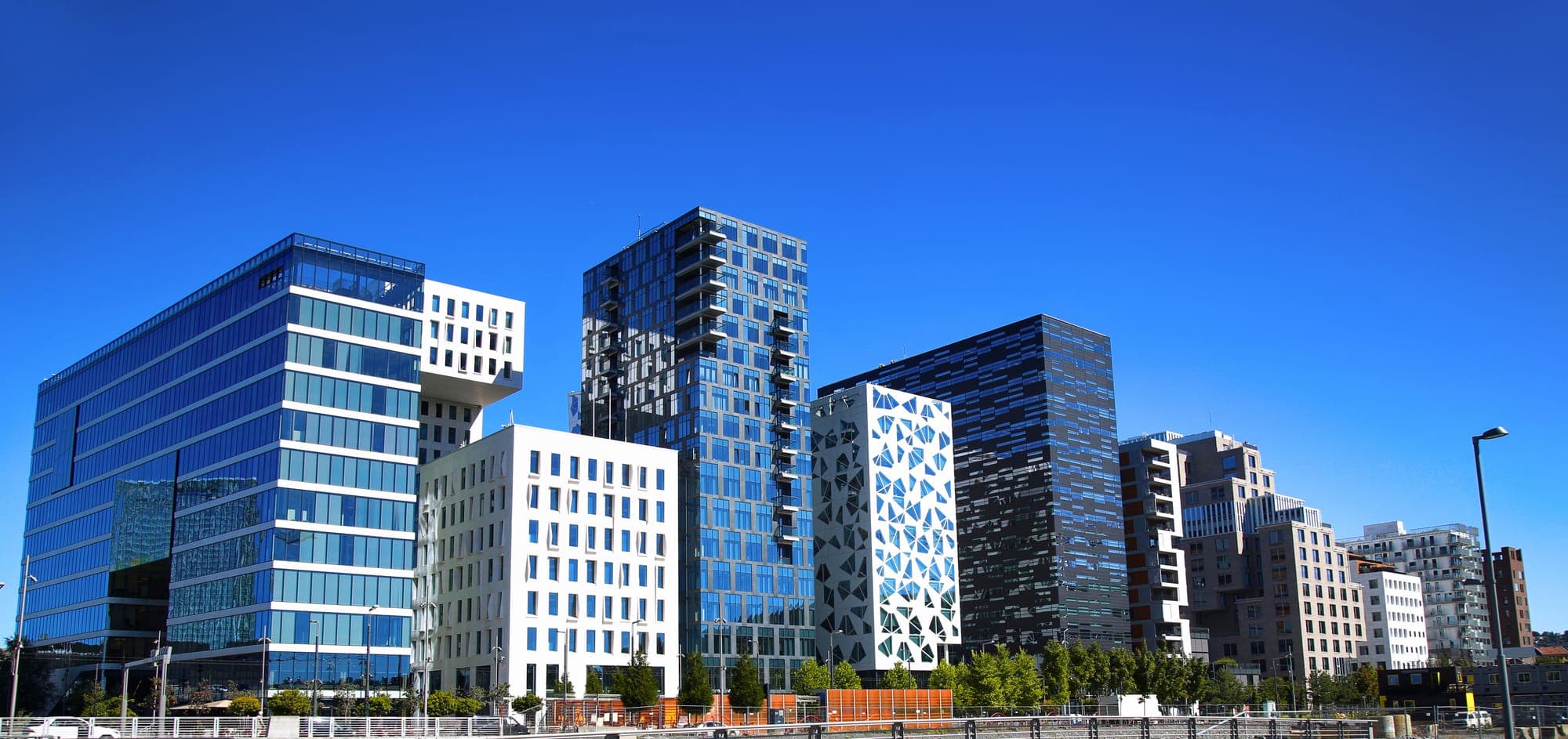 Oslo Bjørvika waterfront district at dusk, Norway