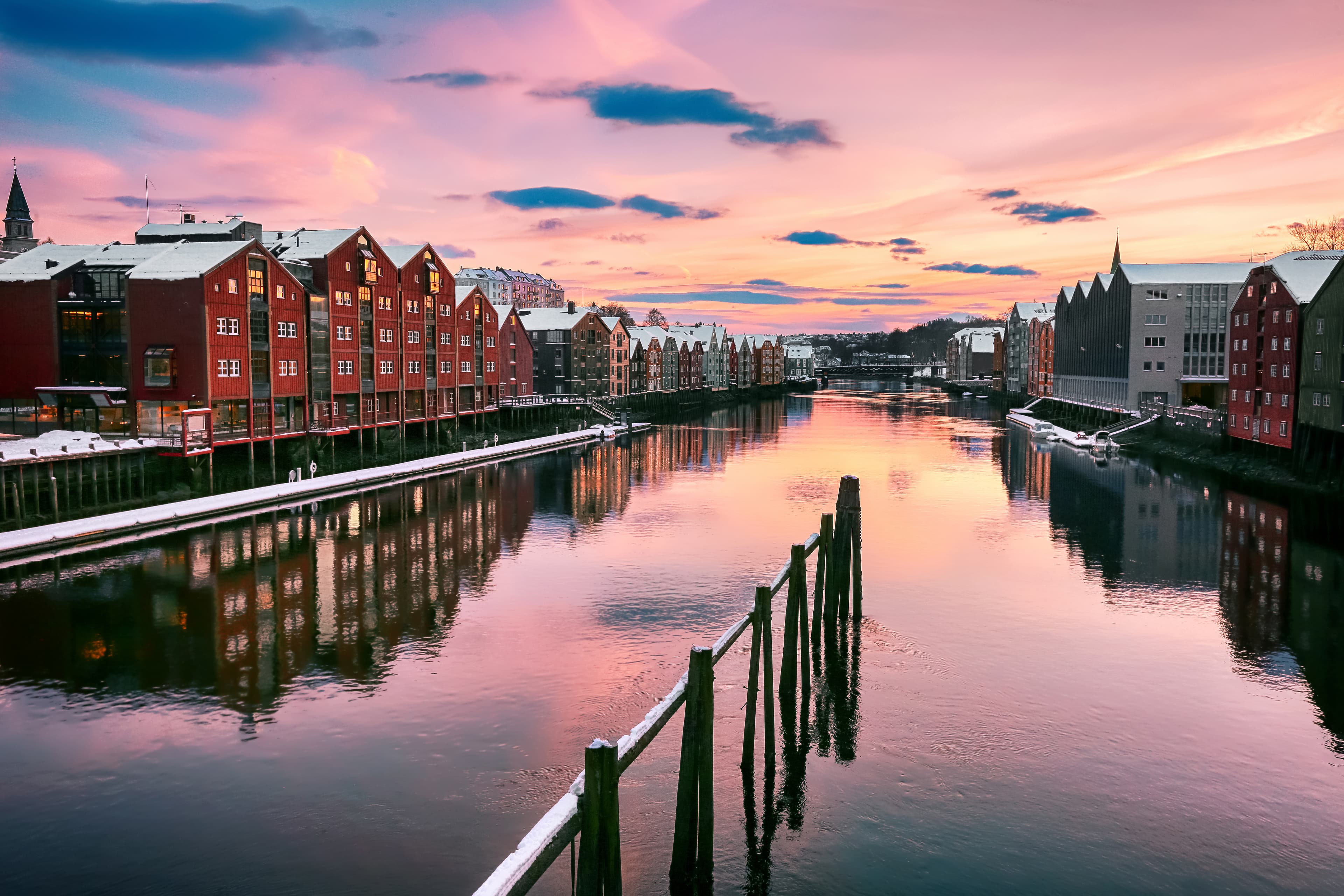 Bakklandet wooden houses along the Nidelva river, Trondheim, Norway