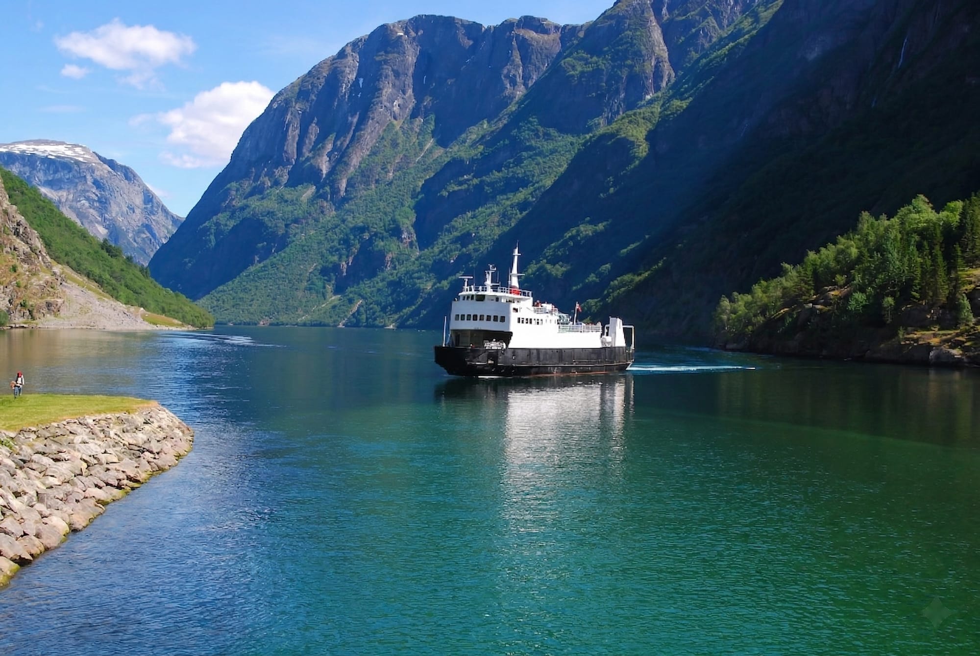 A car ferry sailing between steep green walls in the Nærøyfjord