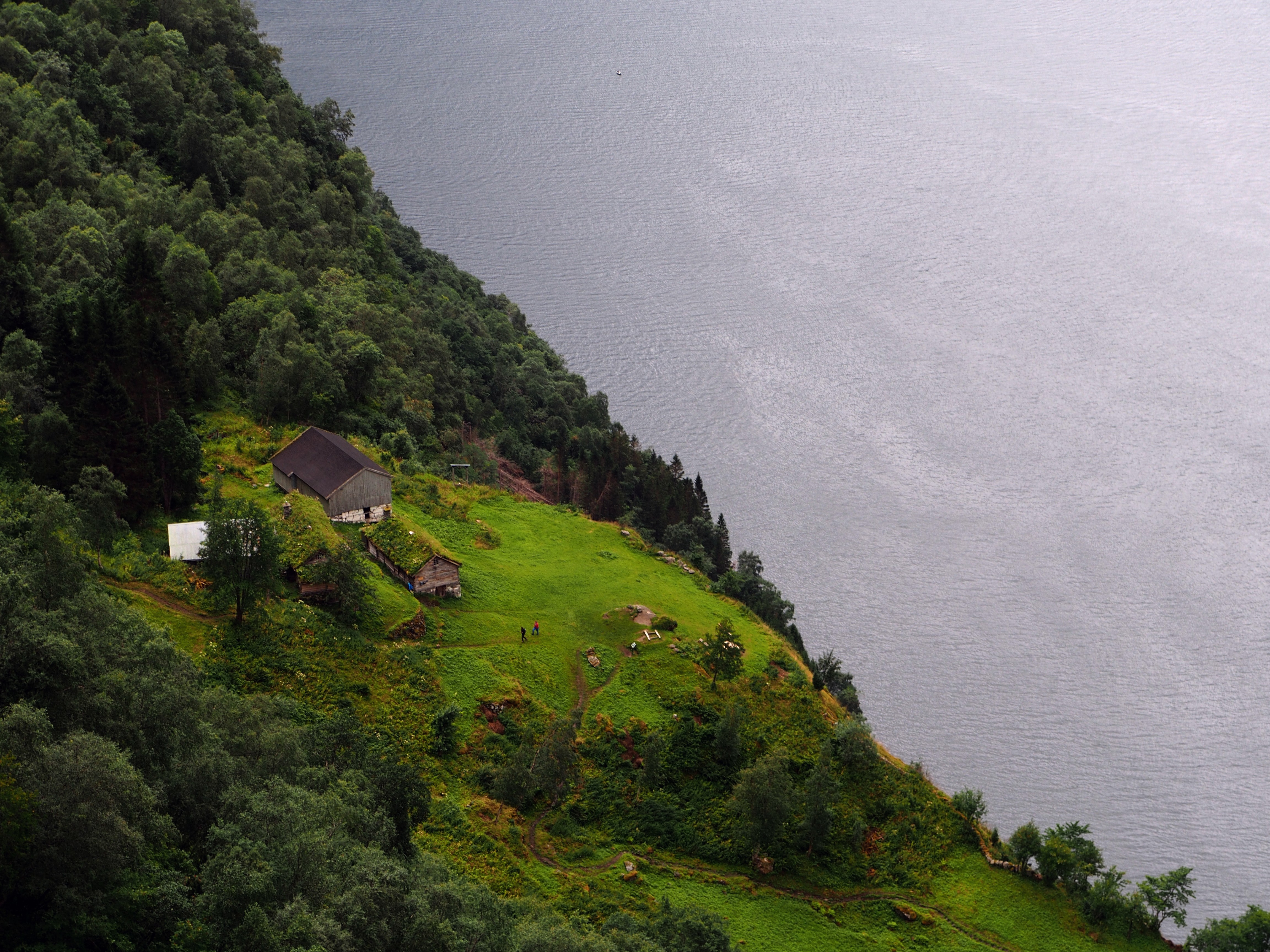 Skageflå mountain farm perched on a green cliff ledge 250 meters above Geirangerfjord, Norway