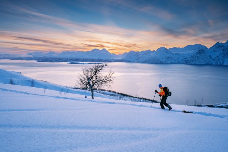 Winter peaks of the Lyngen Alps rising steeply above the frozen fjord shoreline